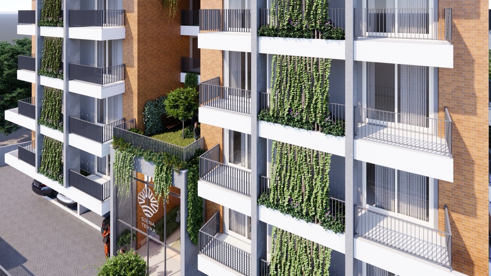 Green-wall balconies and brick facade detail
